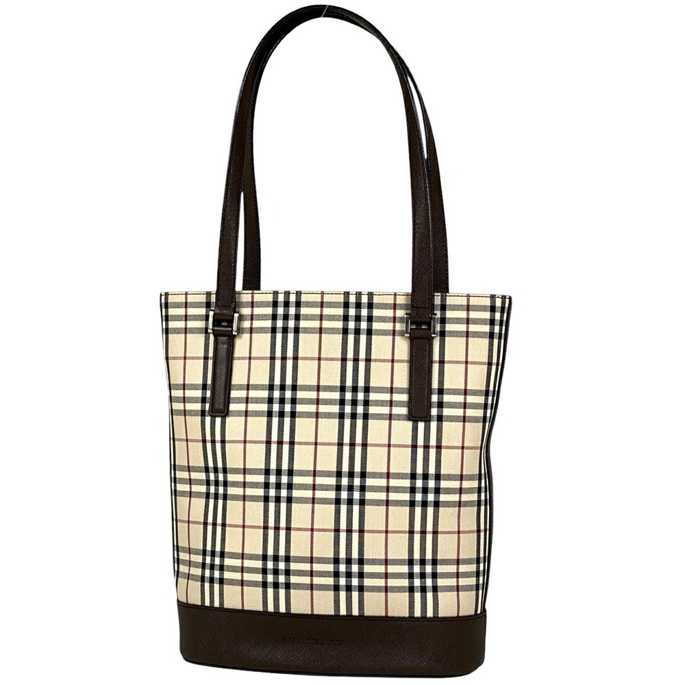 Burberry logo handbag check tote bag shoulder canvas beige brown